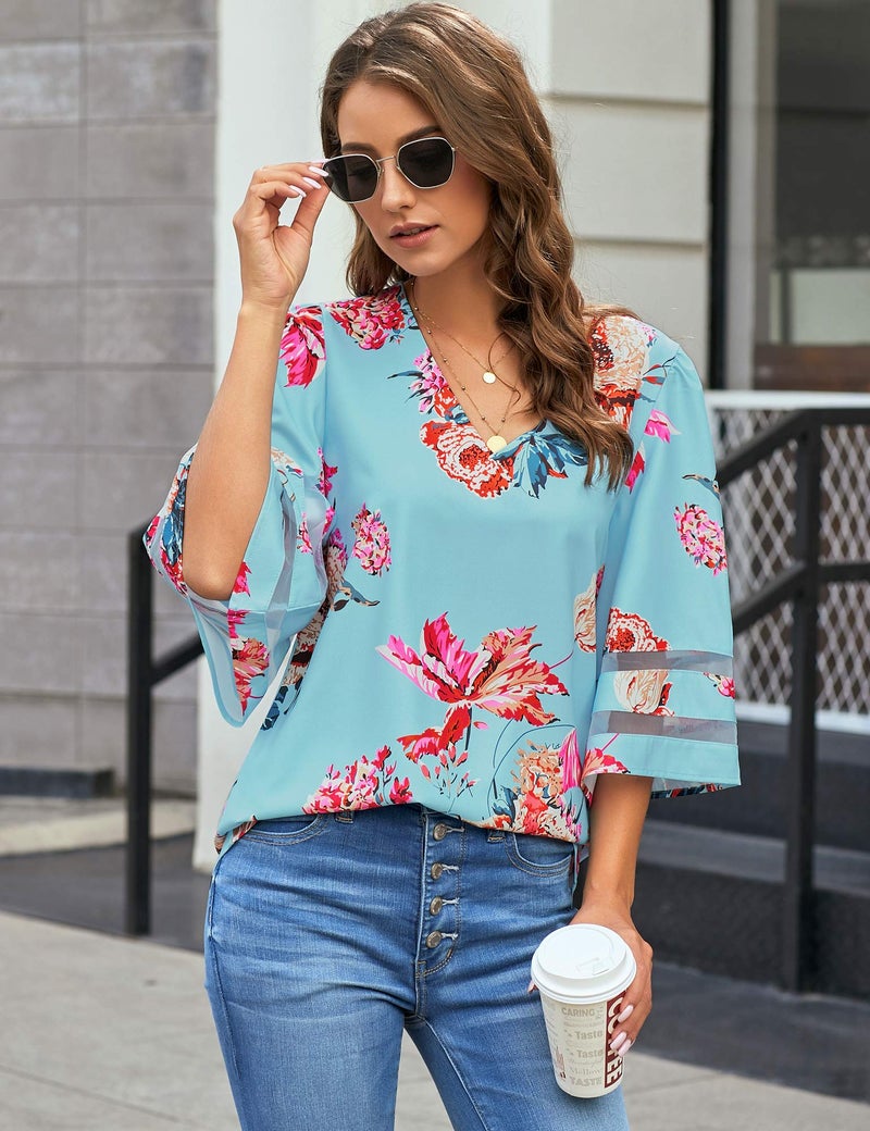 LookbookStore Women Blue Floral Print Tops for Women V Neck Casual Mesh Panel Blouse 3/4 Bell Sleeve Loose Top Shirt Size XL(US 16-18) - Image 3